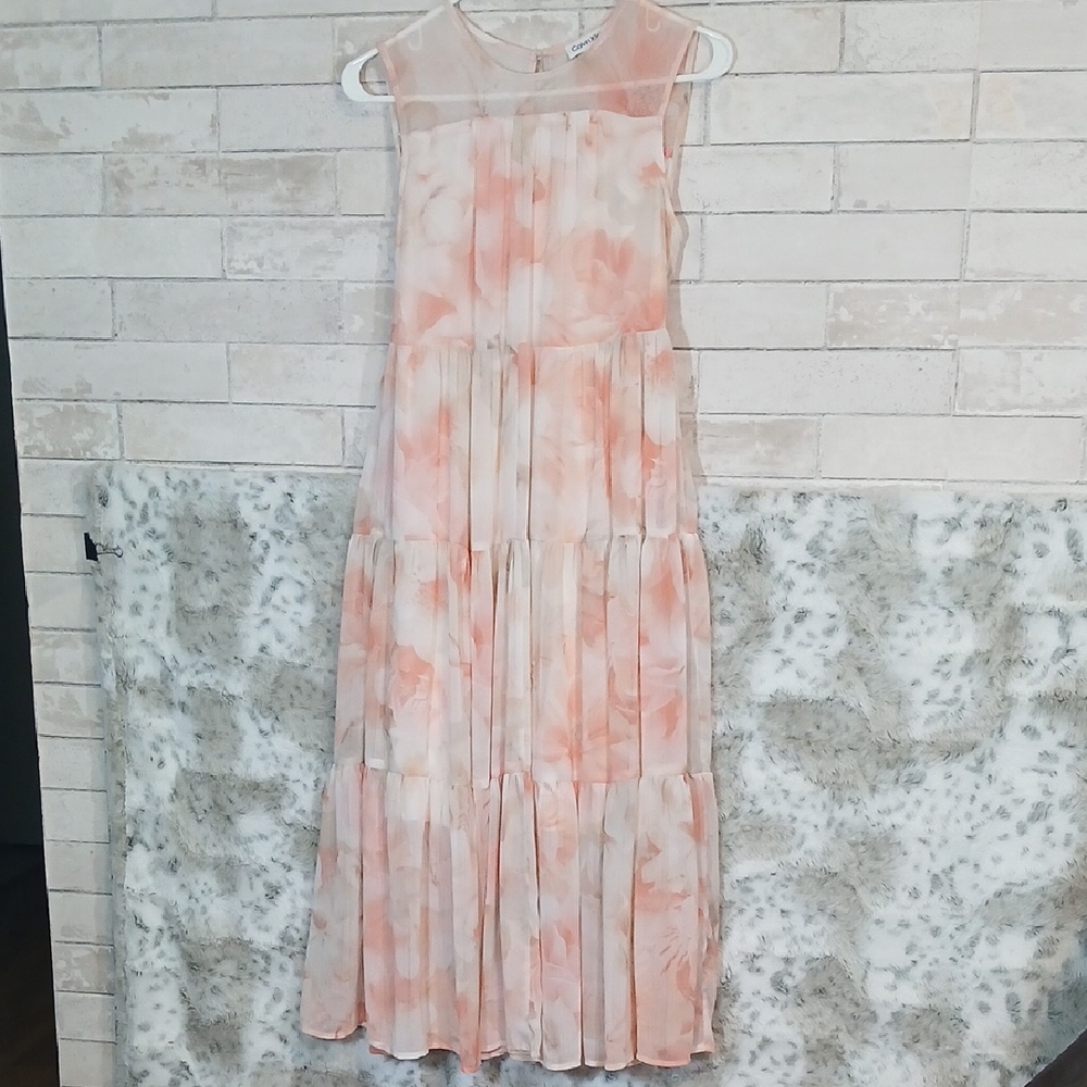 Calvin Klein Peach and White Floral Maxi Dress Size 2